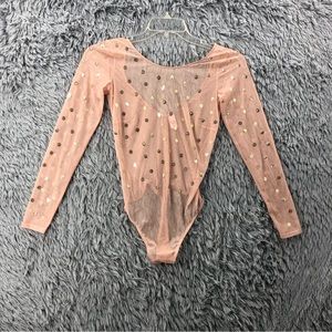 Victorias Secret Bodysuit Womens Small Thong Mesh Gold Accents Beige Nude